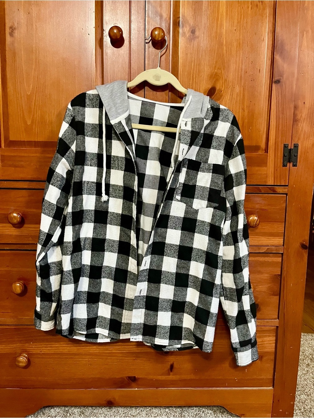 Black and White Buffalo Plaid Hooded Shacket - Medium